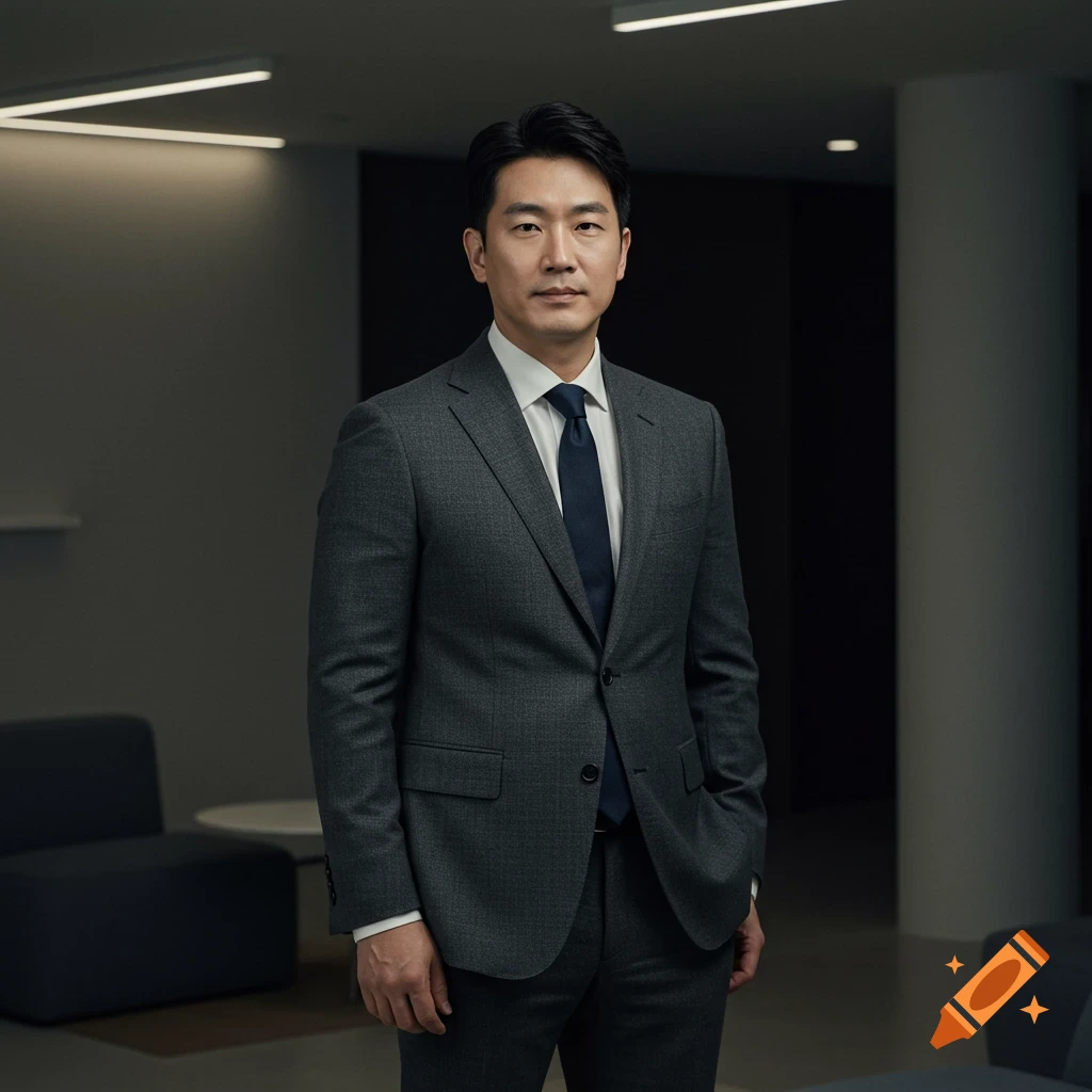 A man in a grey suit stands in a modern office setting.