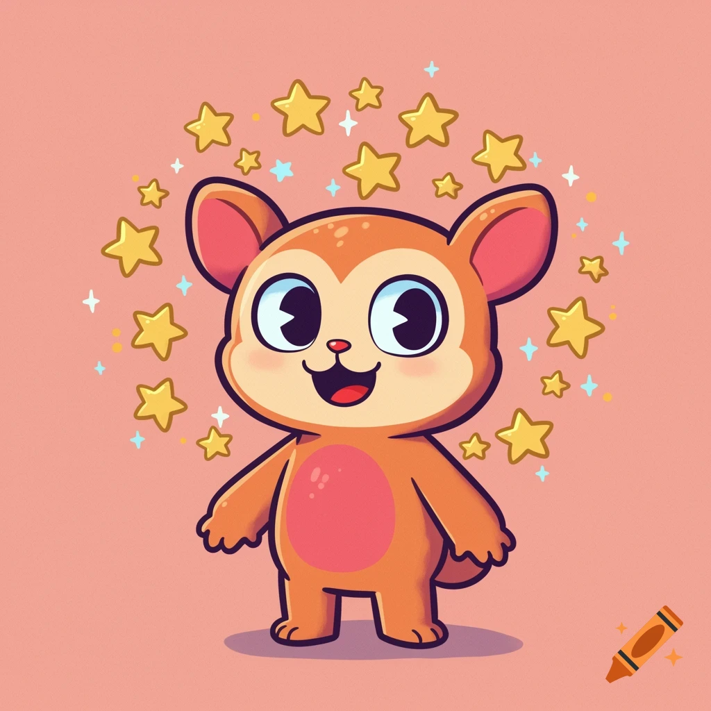 Cute cartoon animal character surrounded by yellow and blue stars