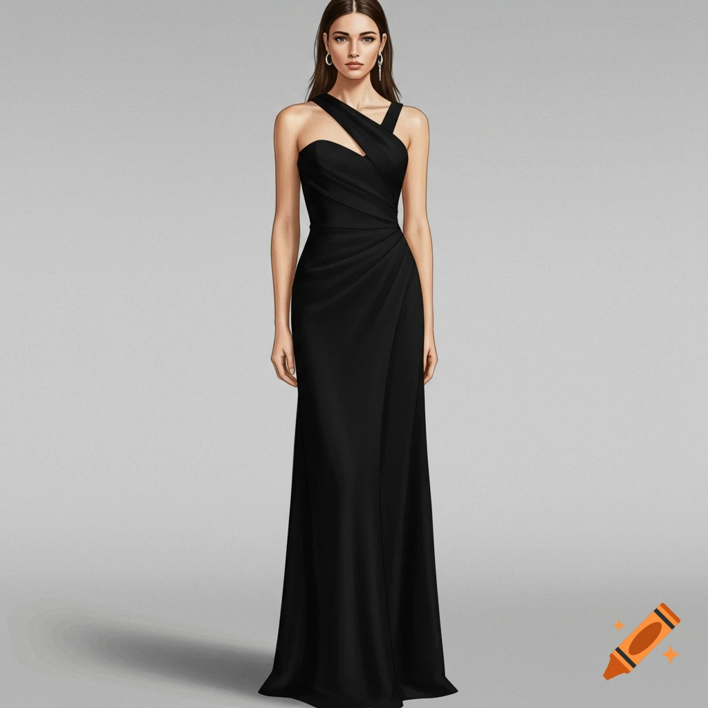 A woman wearing a black one-shoulder maxi dress.