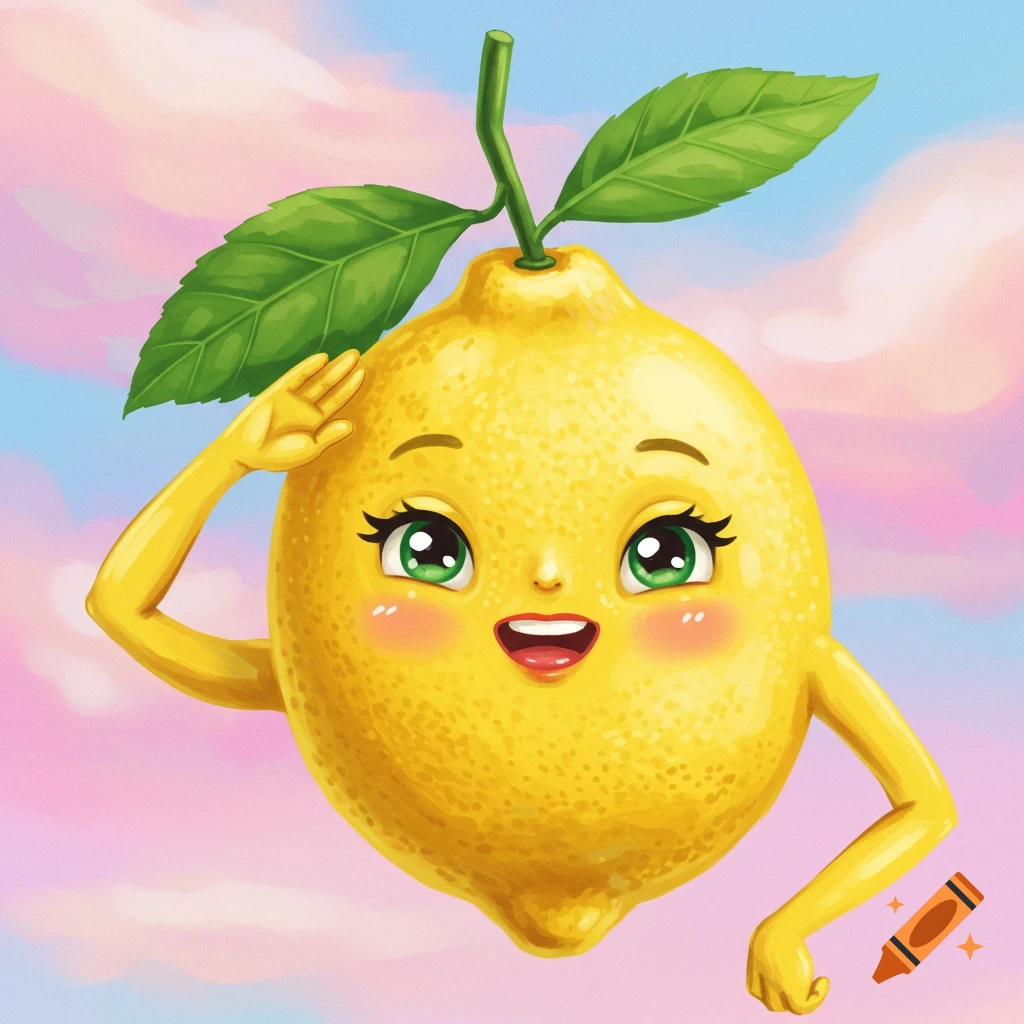 Cartoon lemon character saluting in a pastel sky