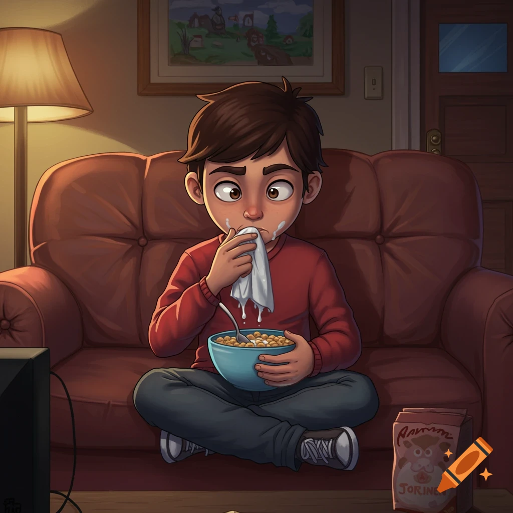 A boy eating cereal on a couch while watching TV.