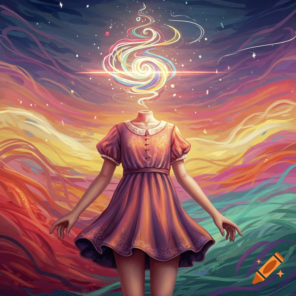A headless girl in a pink dress stands against a vibrant, swirling, cosmic background with a colorful light energy spiral above her neck.