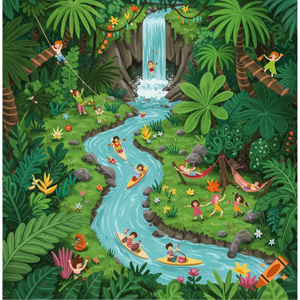 Children playing in a vibrant jungle with river and waterfall.
