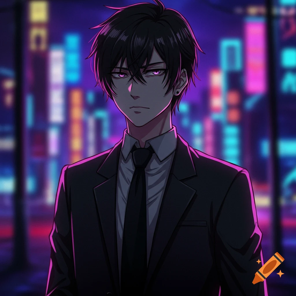 Anime portrait of a young man in a suit with purple eyes against a neon city background.