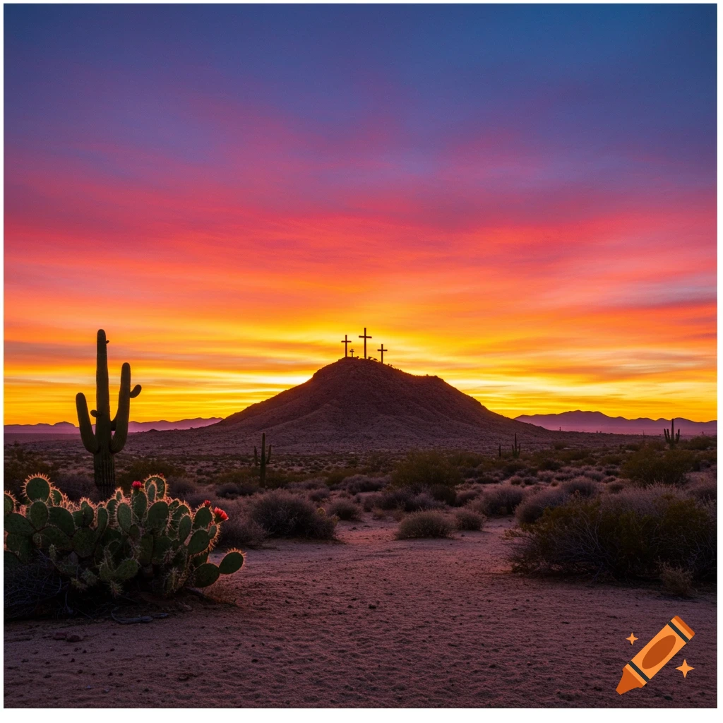 A colorful sunrise over a desert landscape with a mountain topped by three crosses and cacti in the foreground.