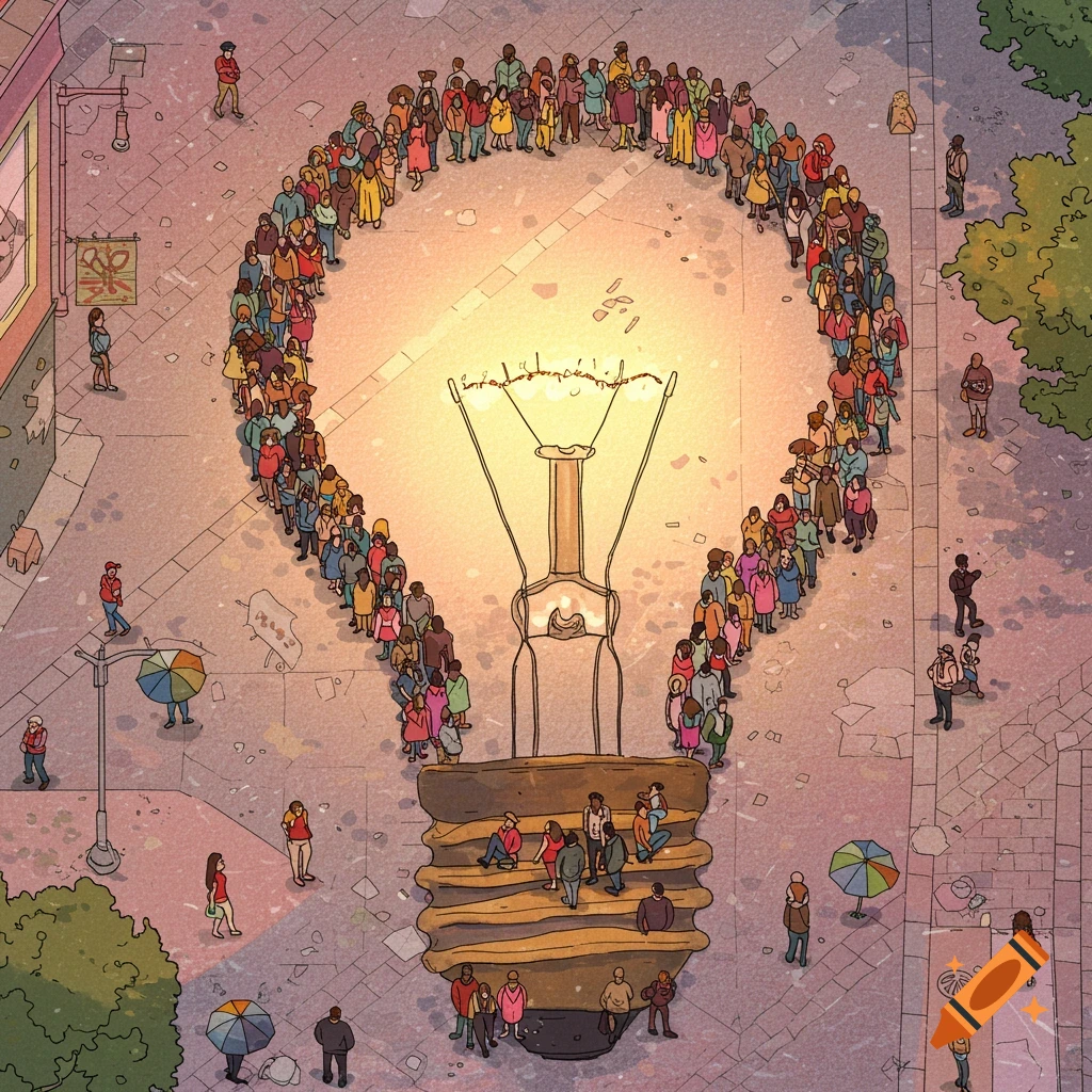 Overhead view of people forming a light bulb shape on a city street.