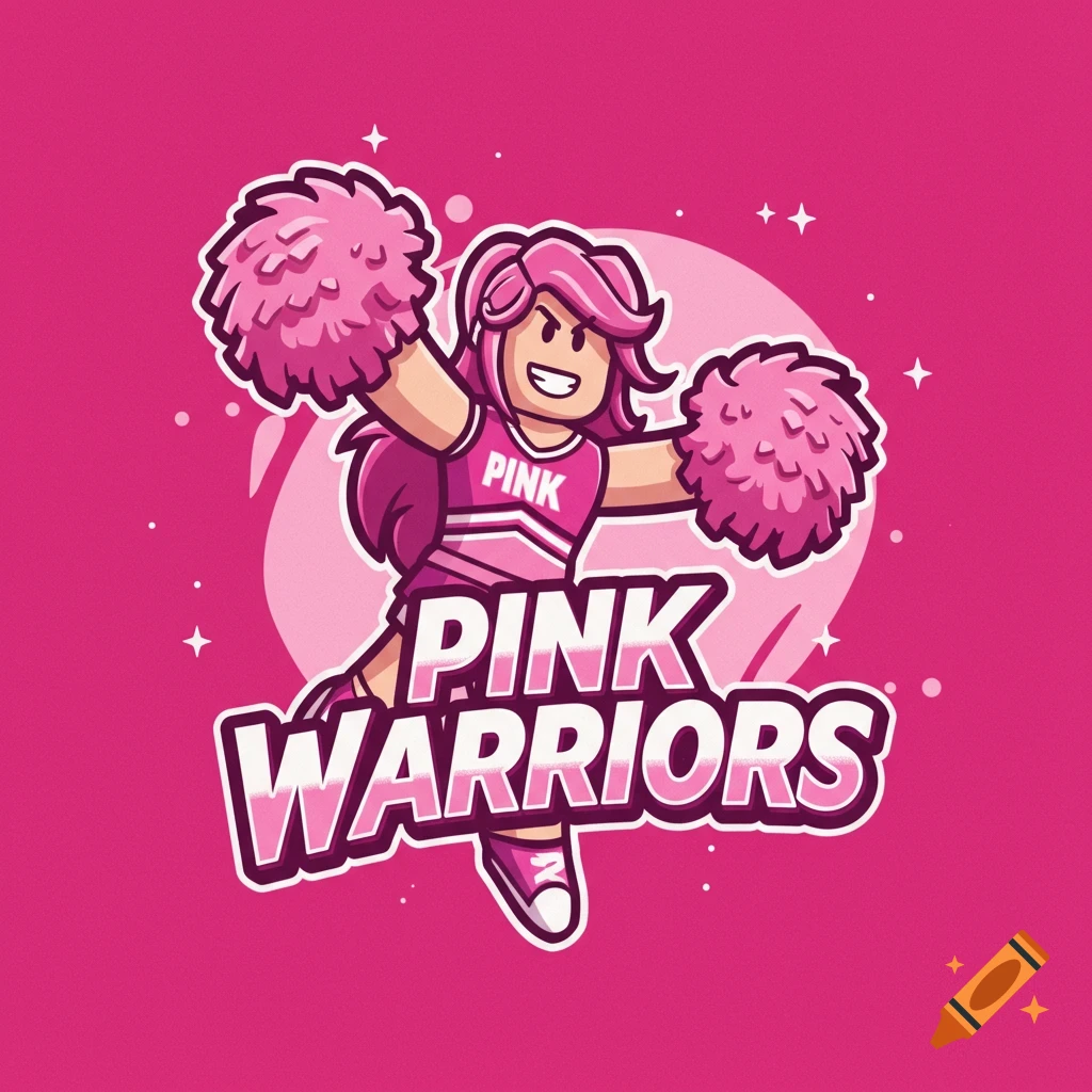 Cartoon pink-haired cheerleader character with pom-poms and "PINK WARRIORS" text in a Roblox style.