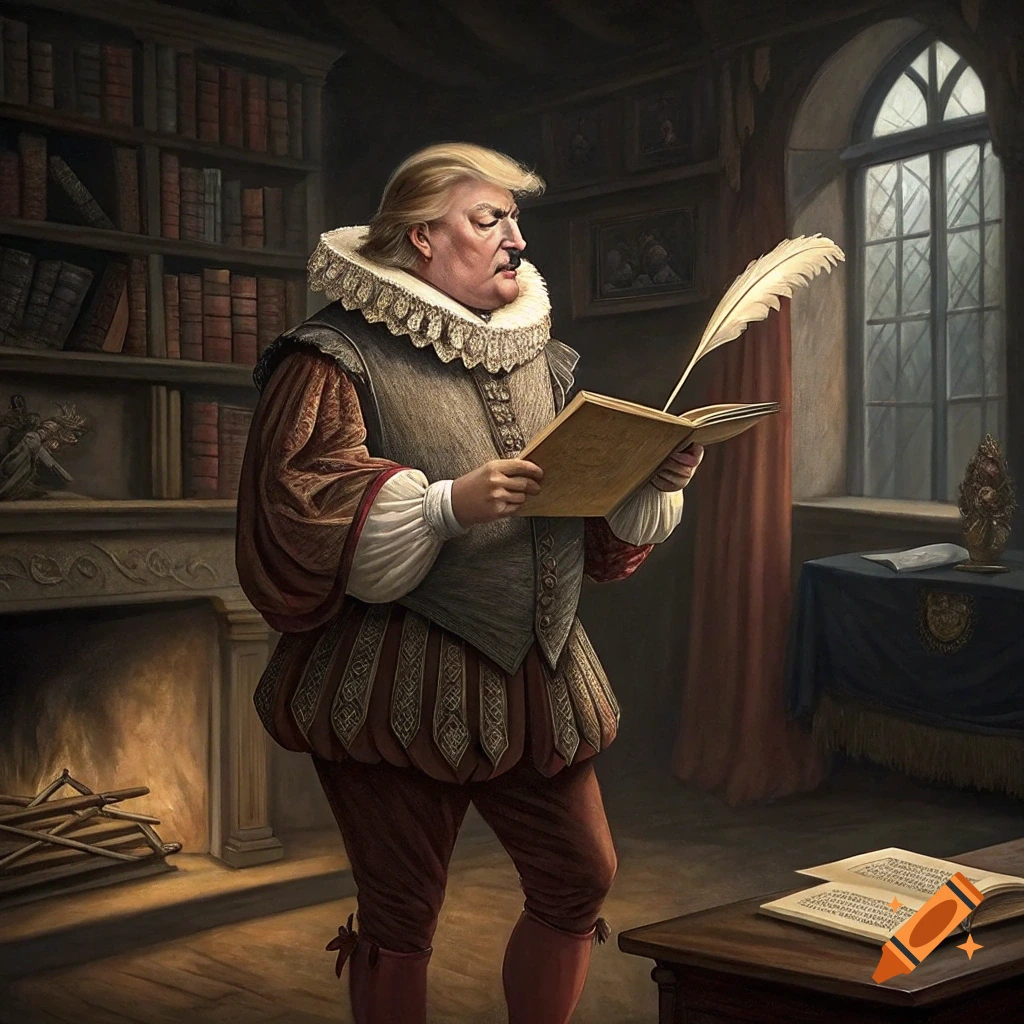 Painted portrait of a person resembling Donald Trump in historical Shakespearean clothing holding a book and quill.