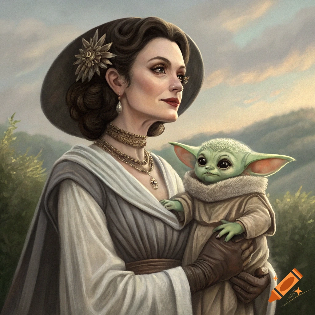A woman in historical dress holds a small, green, big-eared creature in a landscape, in the style of a classical painting.