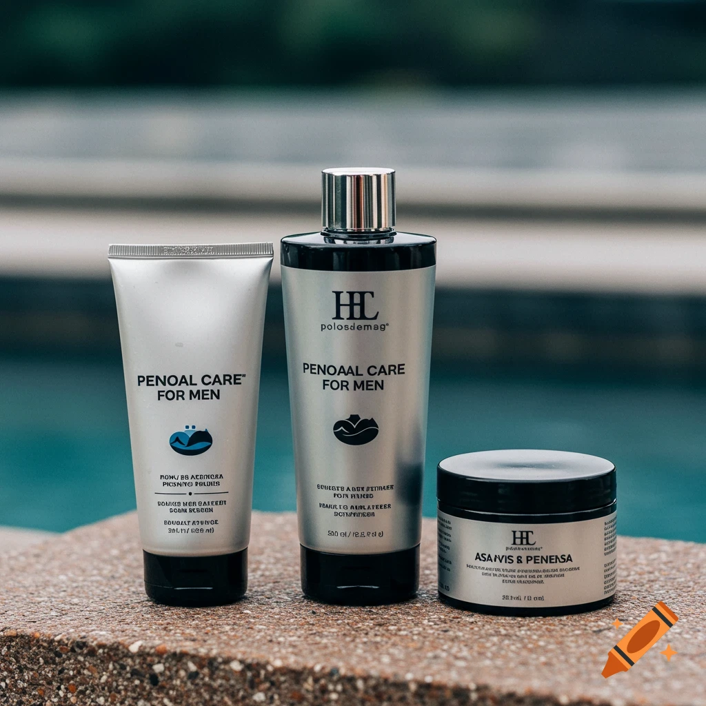 Three bottles of men's personal care products sit by a pool.
