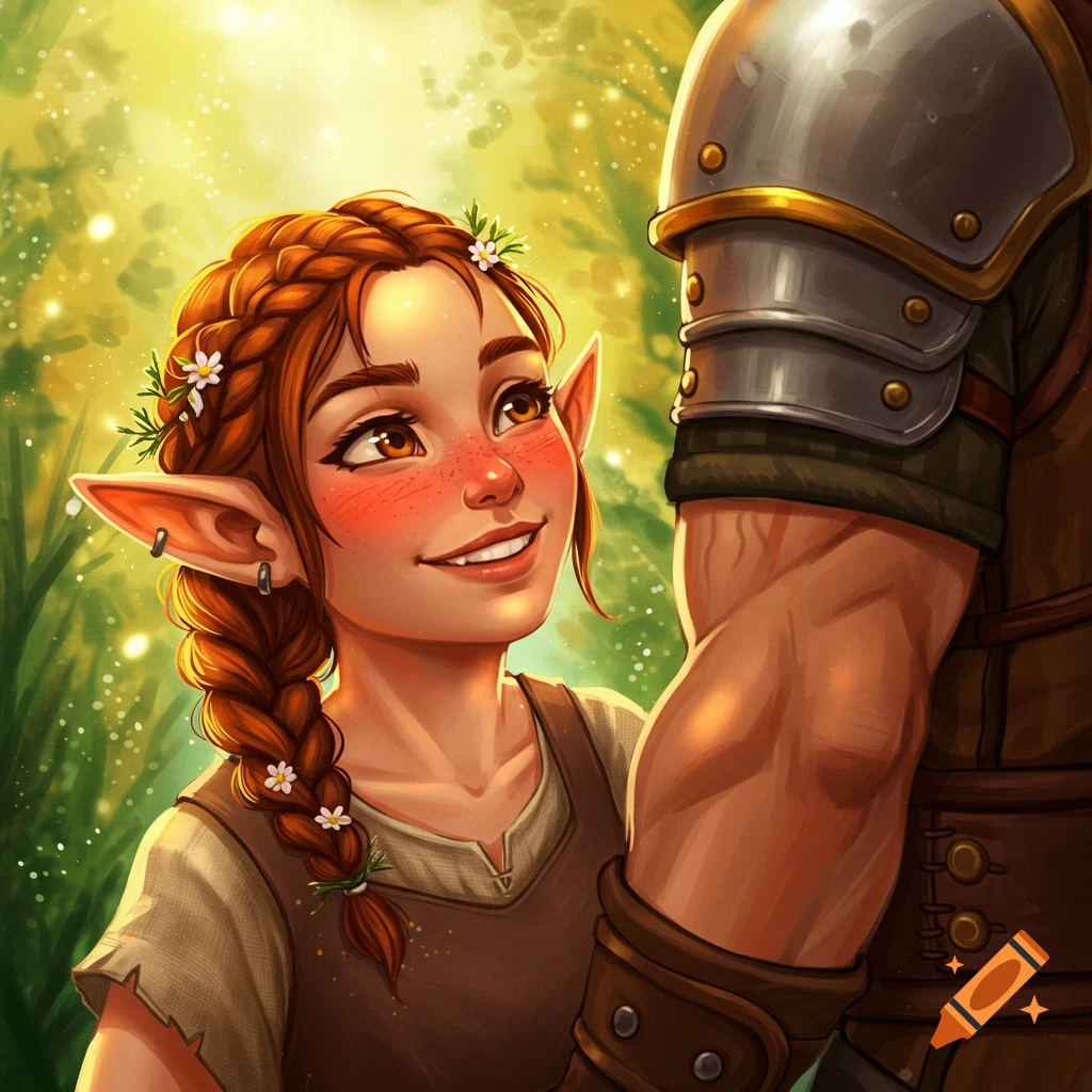 A young fantasy character with pointed ears and braided hair smiles up at a large armored figure in a forest setting.
