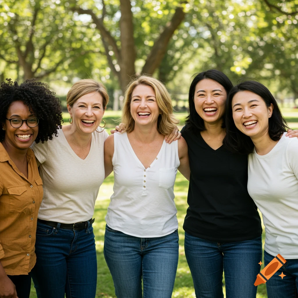 Five diverse women smiling and embracing in a park.