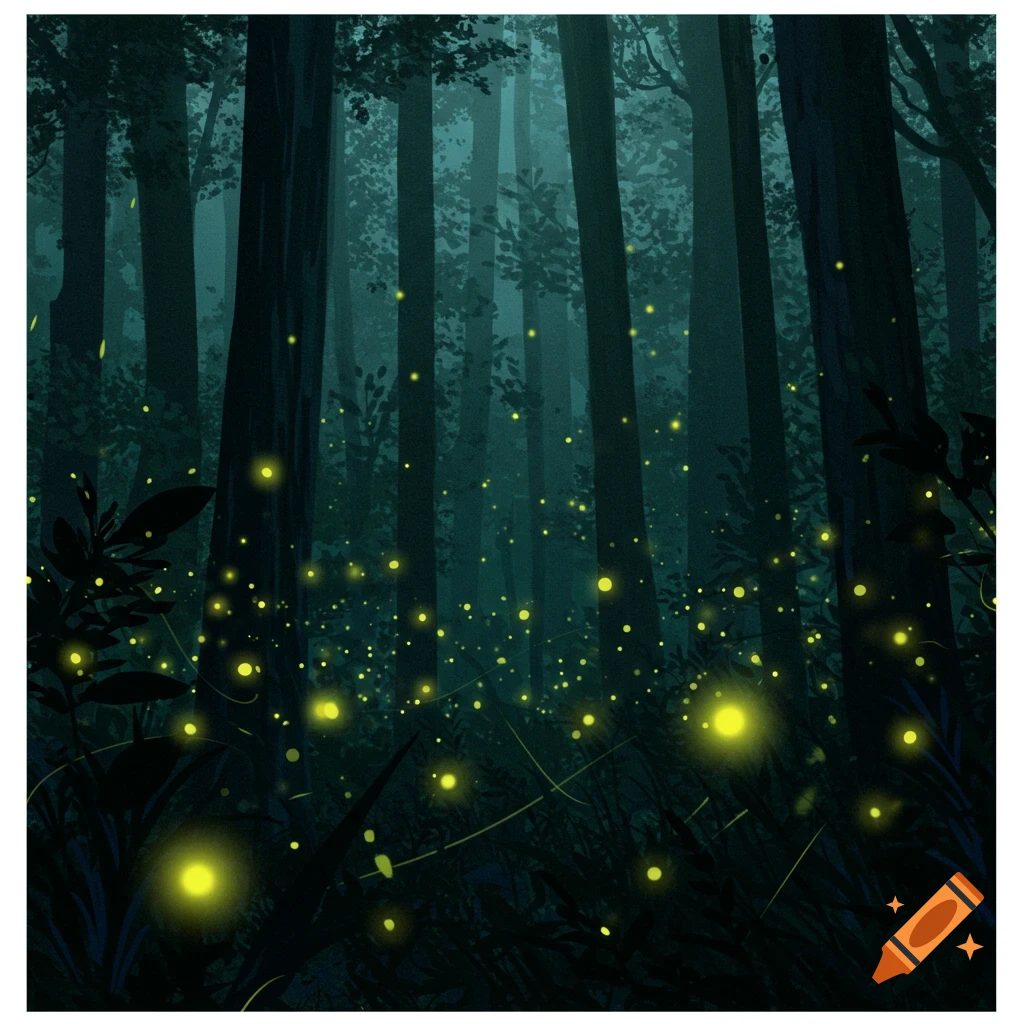 A dark forest filled with glowing fireflies.
