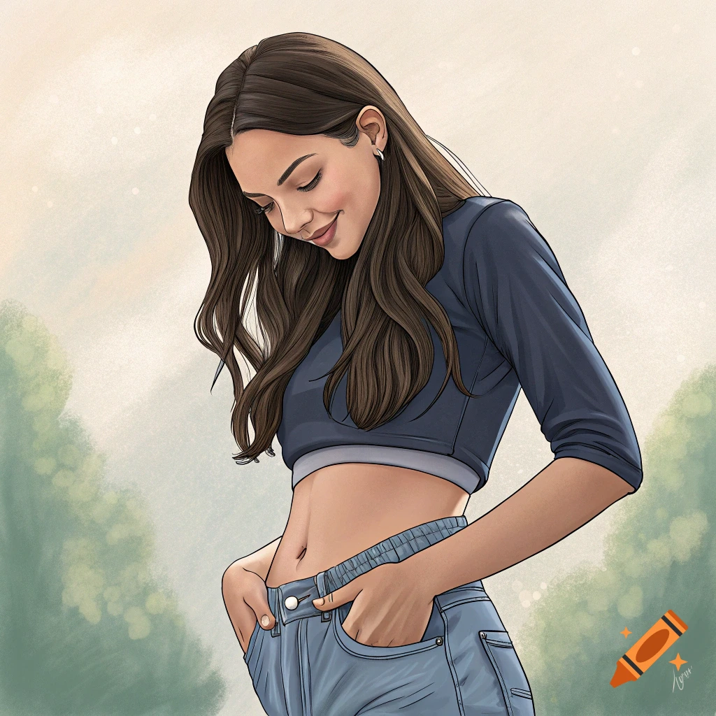 Illustration of a young woman in a crop top and jeans with hands in pockets.