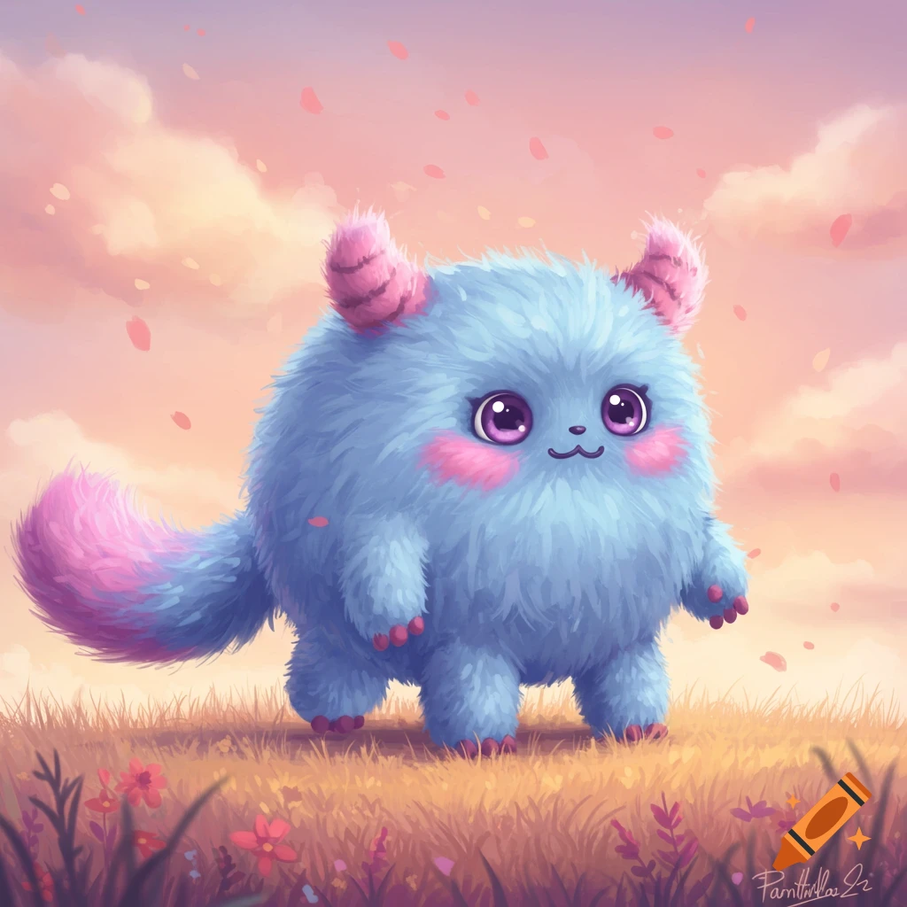 Cute fluffy blue and pink fantasy creature in a field with falling petals.