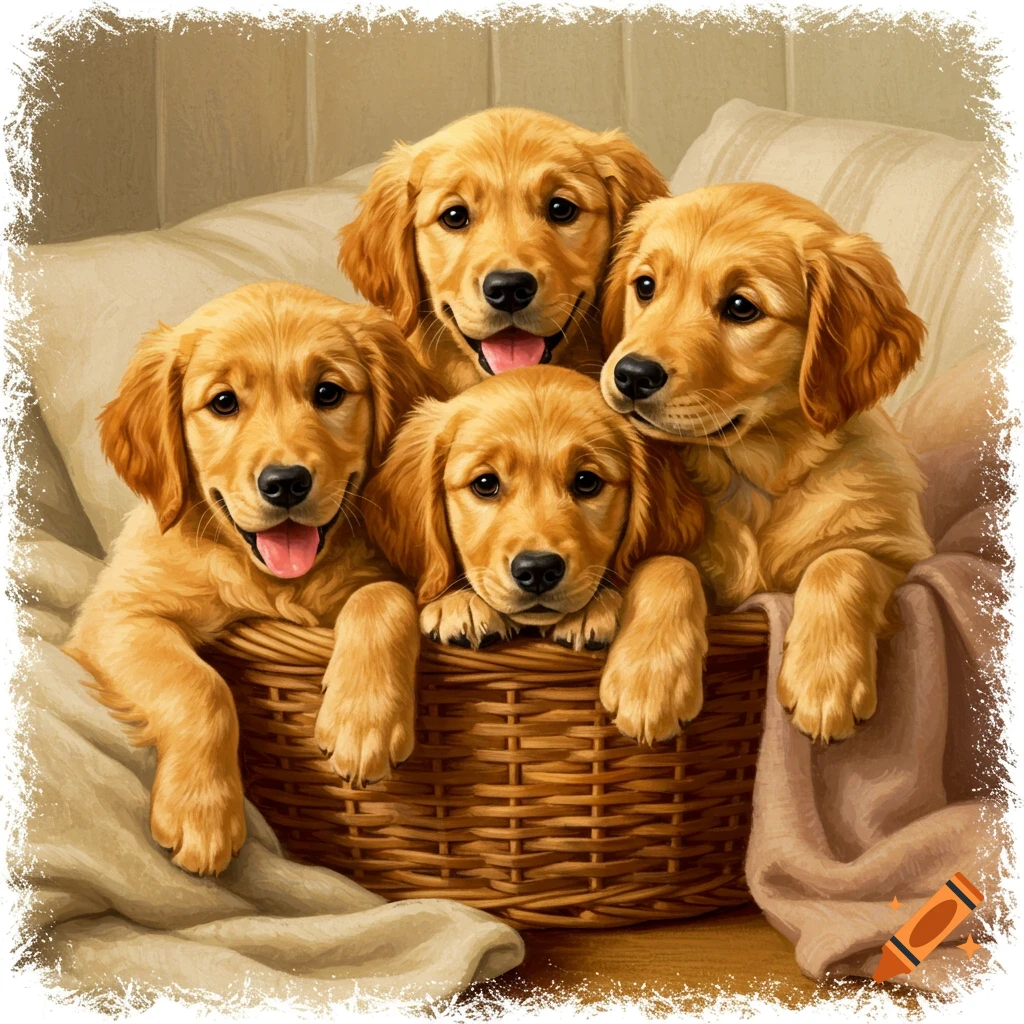 Four golden retriever puppies snuggled in a wicker basket.