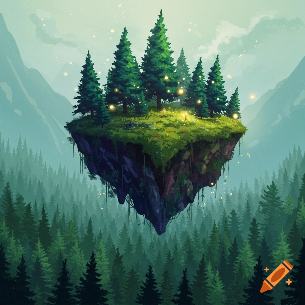 Floating island with trees and lights above a dense evergreen forest