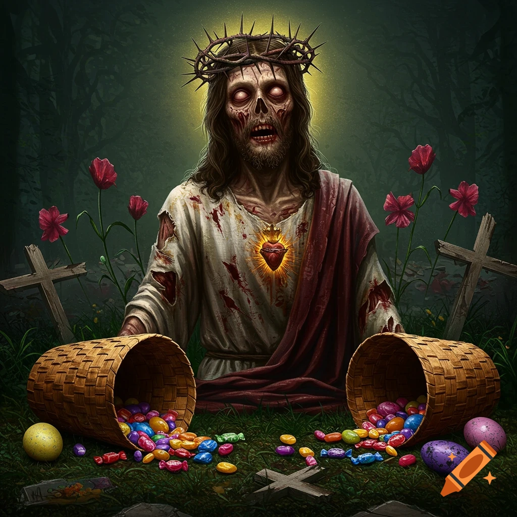 Zombie Jesus with a crown of thorns sitting among Easter baskets spilling candy in a graveyard.