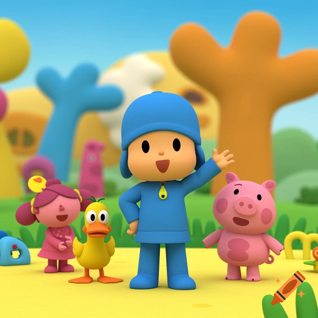 Pocoyo, Pato, and Loula stand together in a colorful animated landscape.