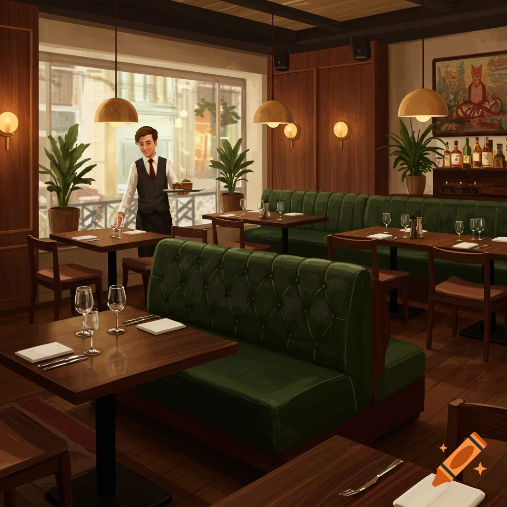 A server is carrying a tray in a comfortable restaurant interior.