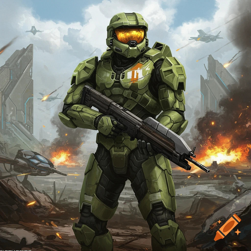 Master Chief in green armor standing in a battlefield with explosions and jets.