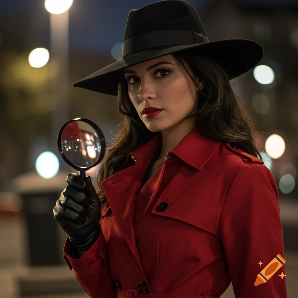 Photorealistic image of a woman dressed as Carmen Sandiego, holding a magnifying glass at night.