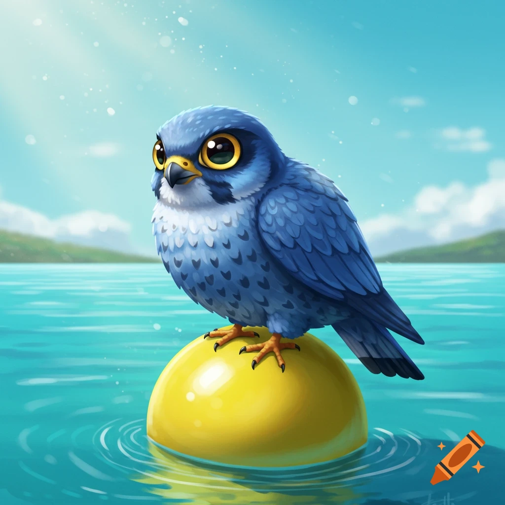 A cute blue falcon bird sits on a yellow buoy in the water.