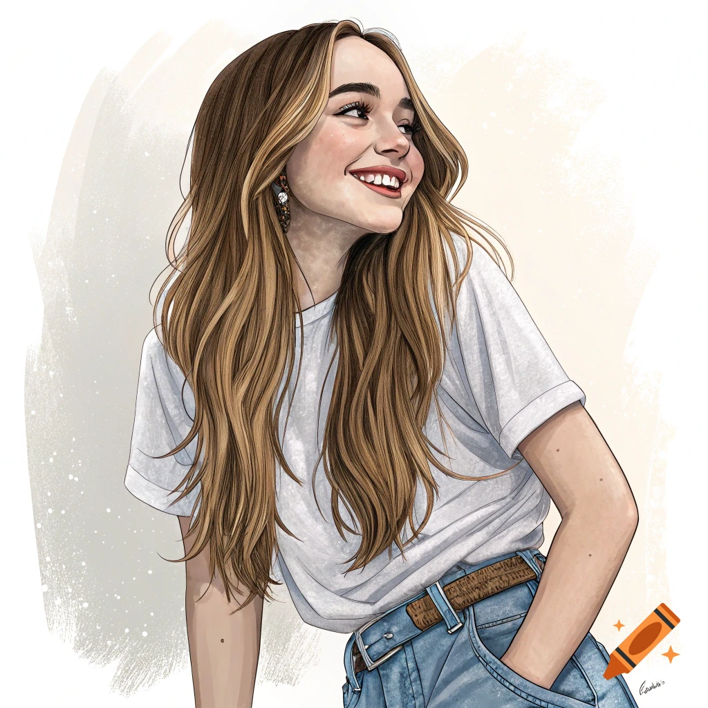 Stylized illustration of a young woman with long hair, smiling in a white t-shirt and jeans.