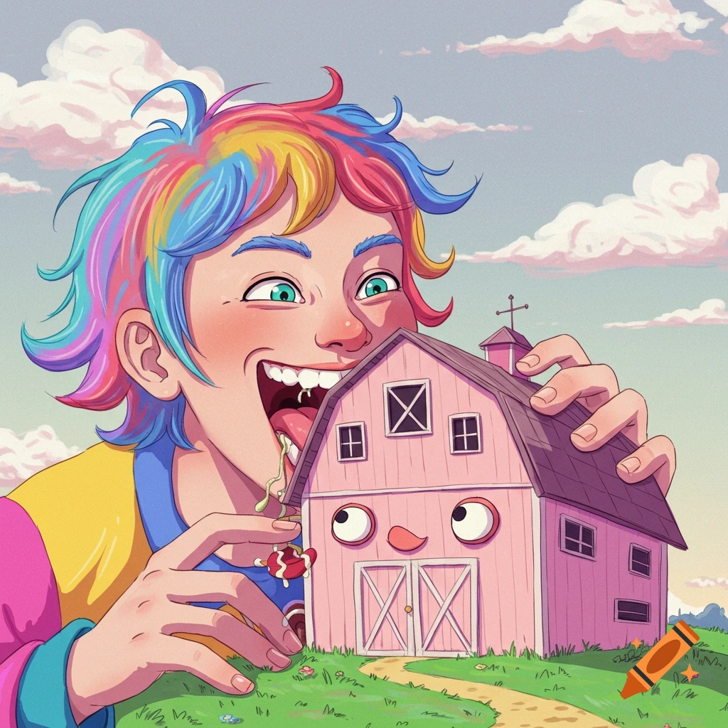Illustration of a person with rainbow hair eating a pink cartoon barn