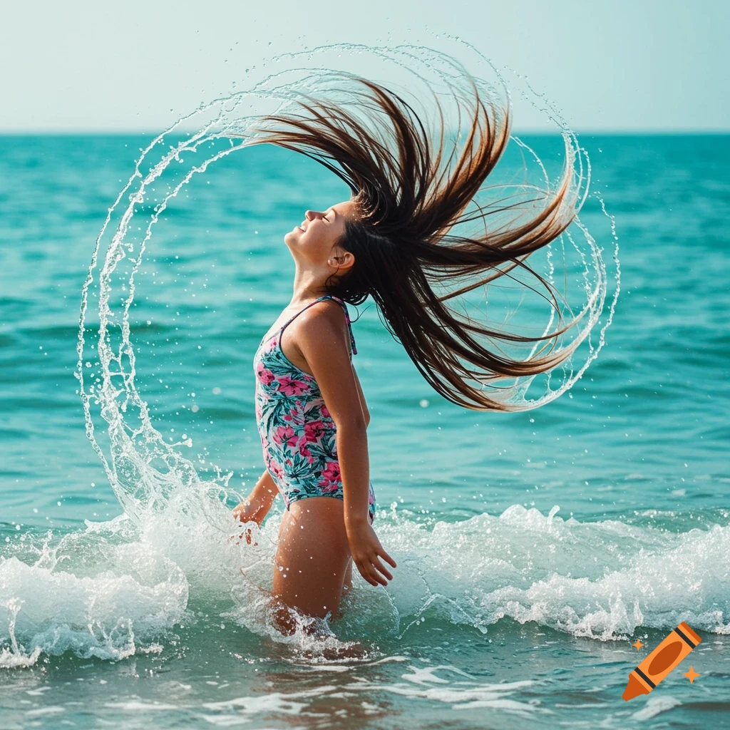 Young girl swinging her wet hair in the ocean surf, creating a water splash