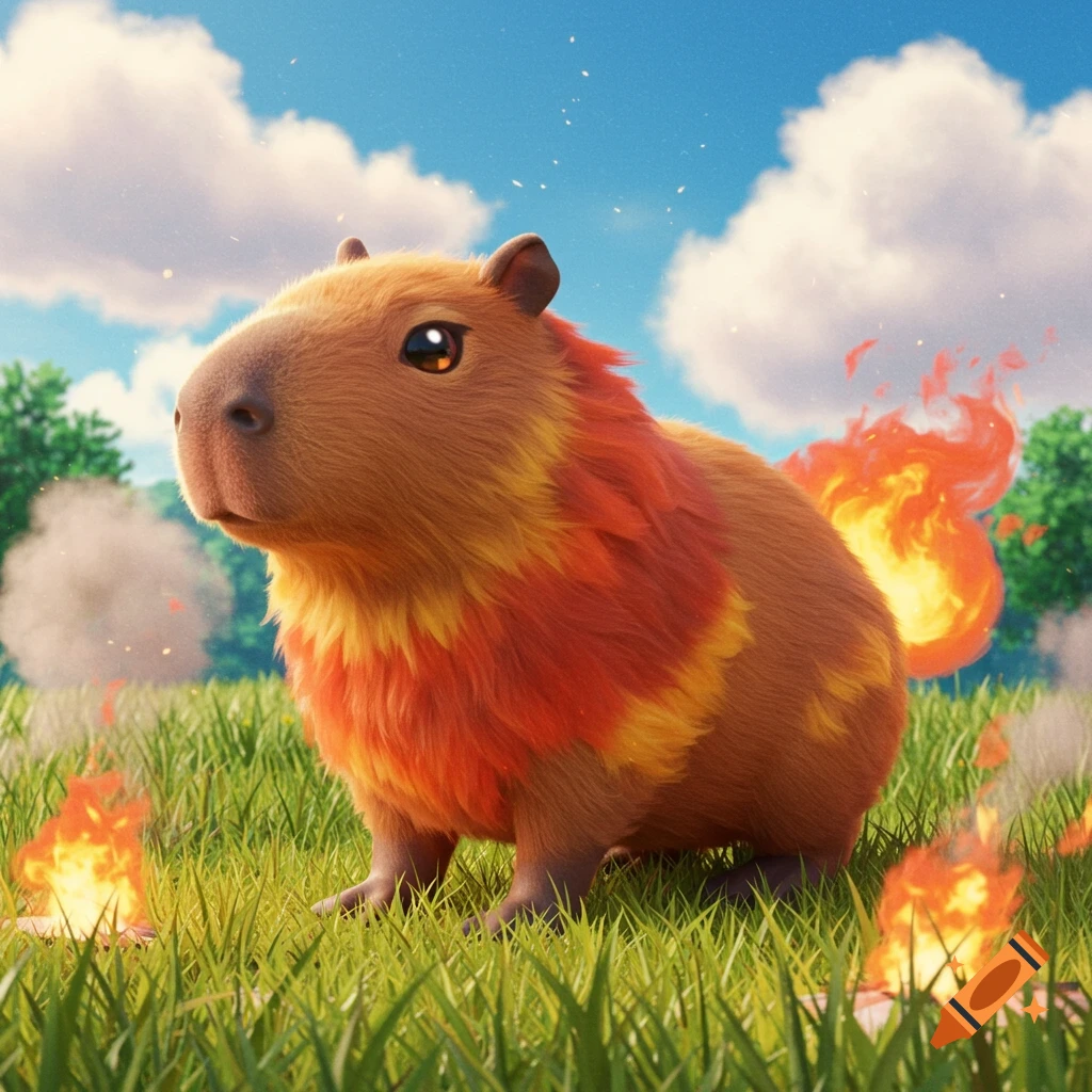 A cute, fire-type, pokemon-like capybara sits in a grassy field with small fires around it.