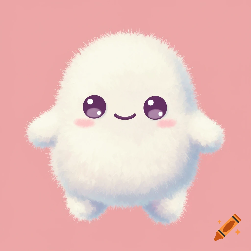 A cute fluffy white blob creature with large purple eyes and pink cheeks.