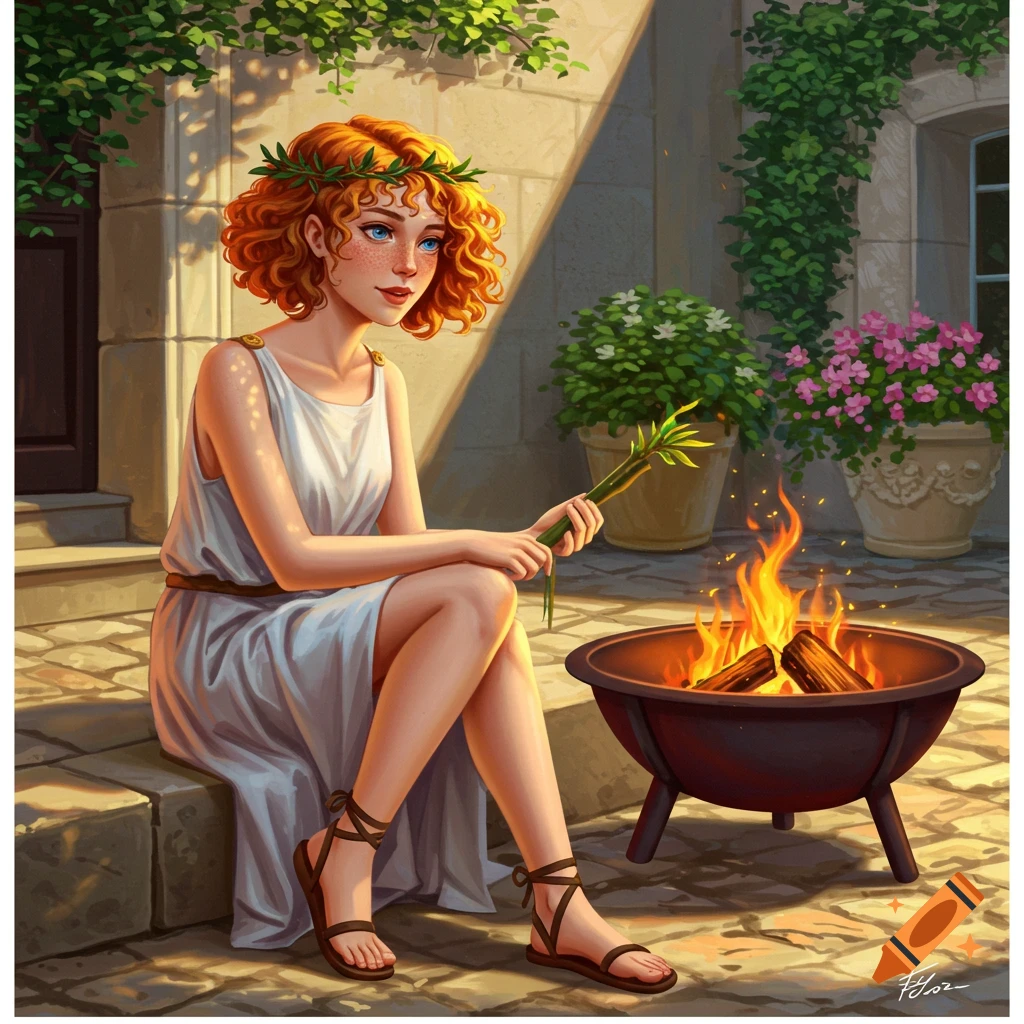 Hestia, a young woman with red curly hair, sitting by a fire pit in a sunny courtyard.