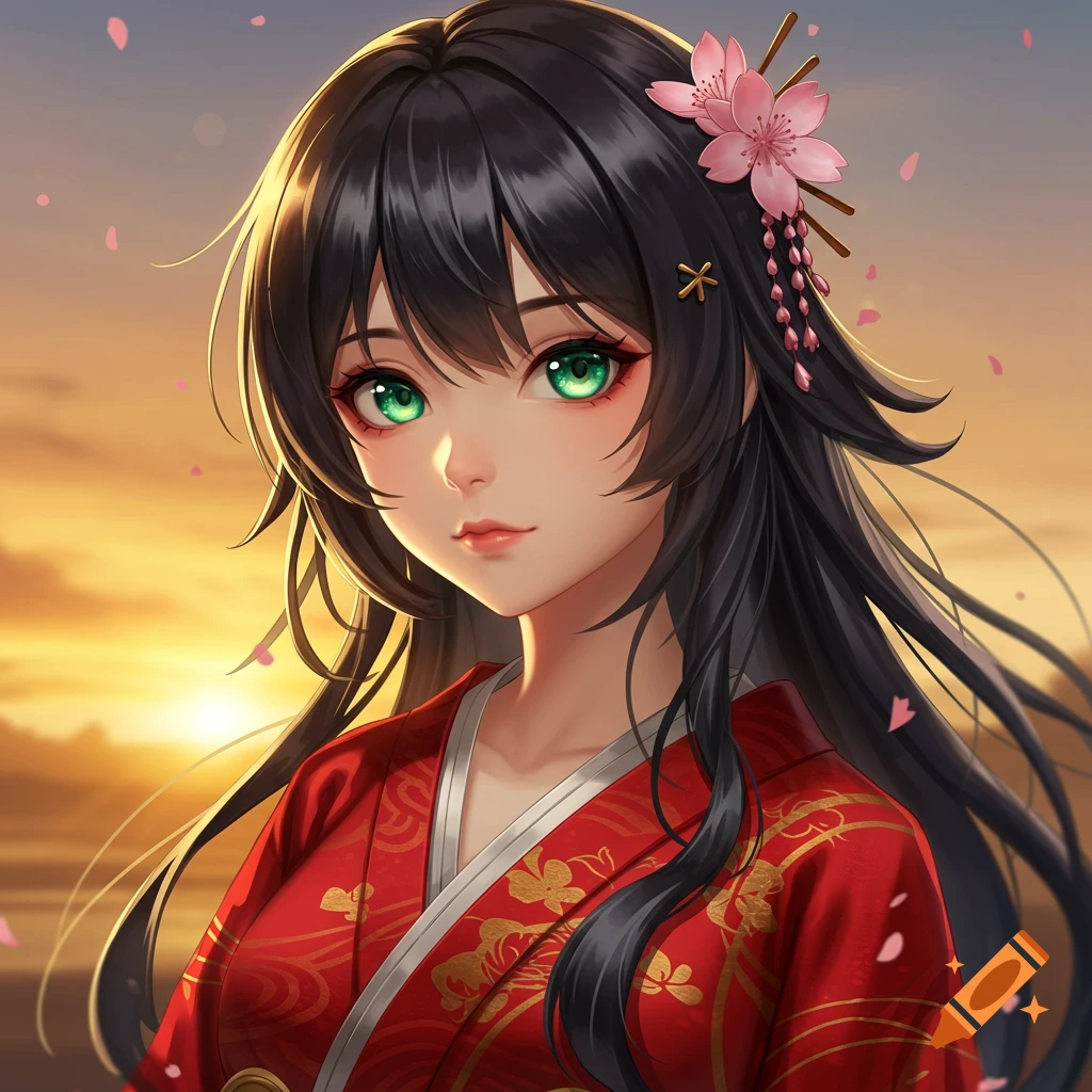 Anime portrait of a girl in a red kimono with green eyes, black hair, cherry blossoms, and a sunset background.