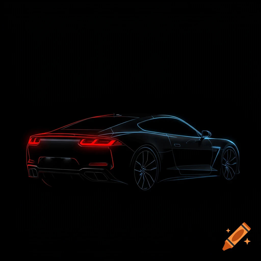 Stylized neon line drawing of a sportscar on black background.