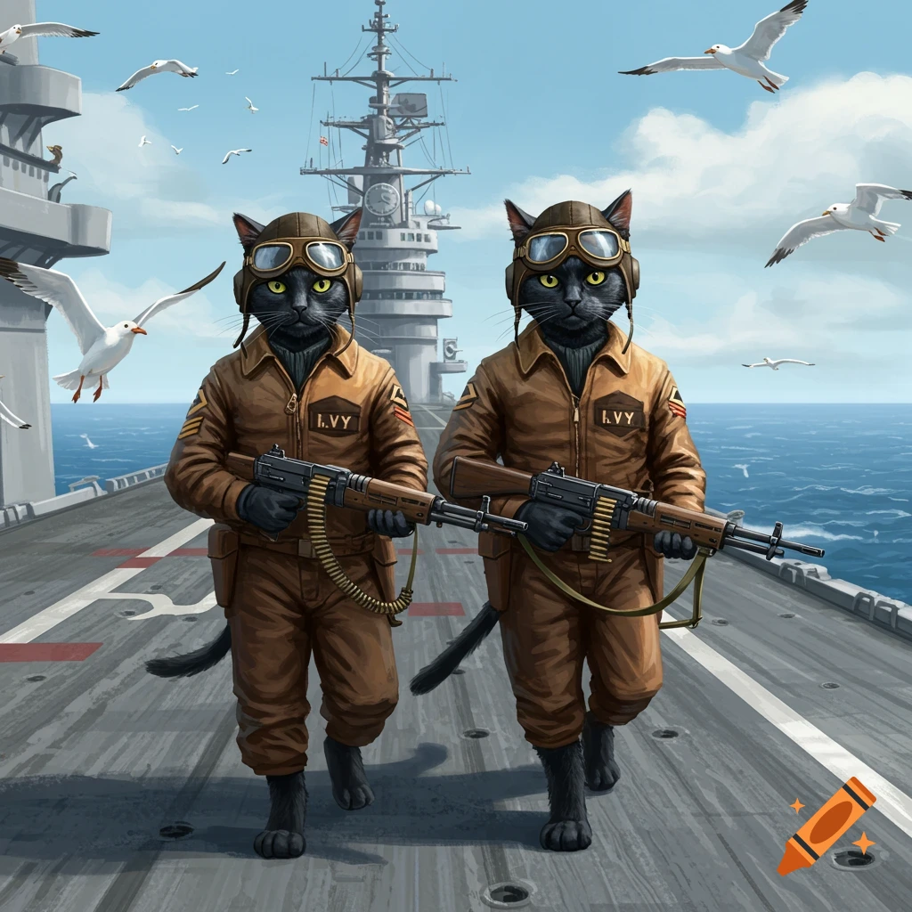 Two anthropomorphic cats in pilot uniforms hold rifles and walk on an aircraft carrier deck.