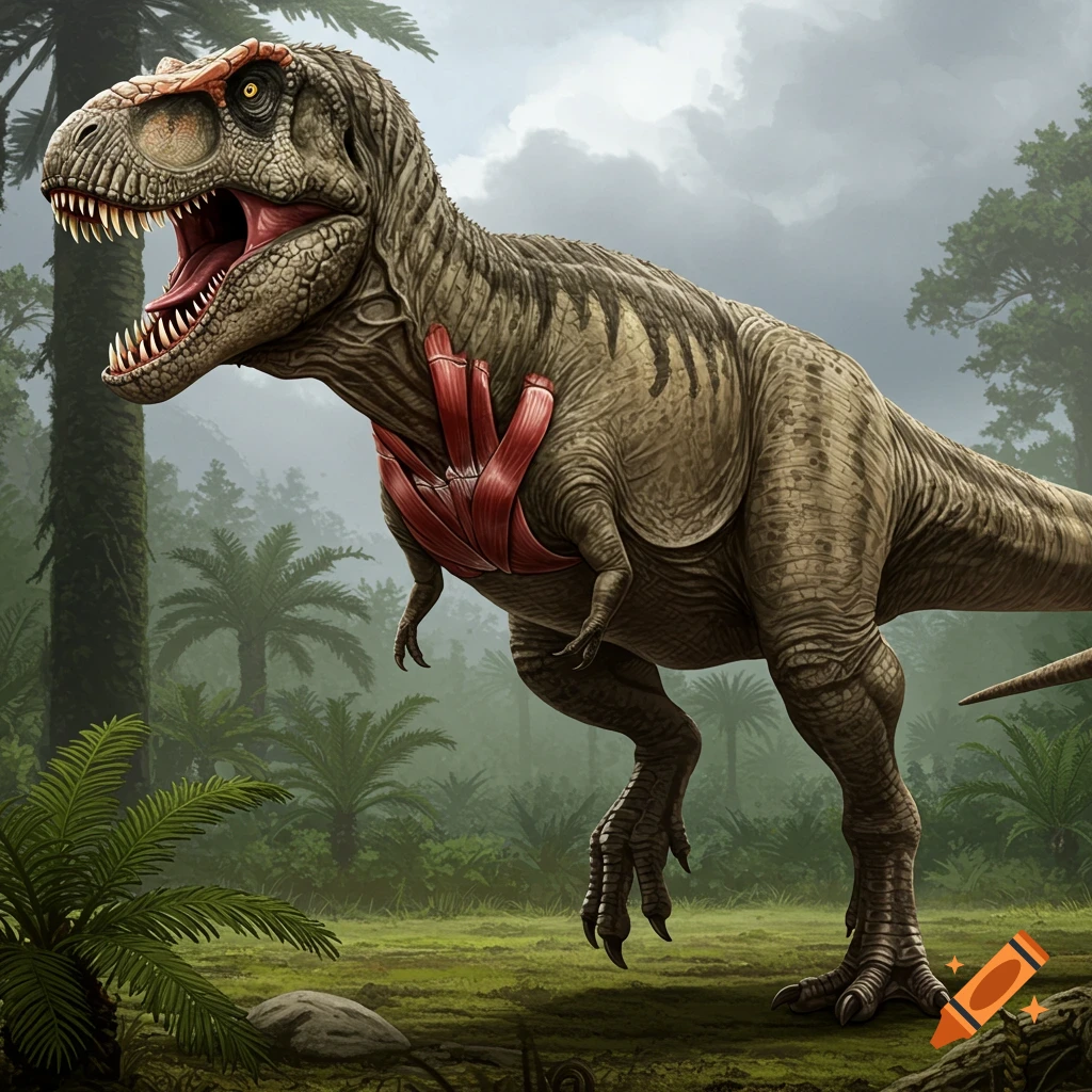 Tyrannosaurus rex roaring in a prehistoric jungle
