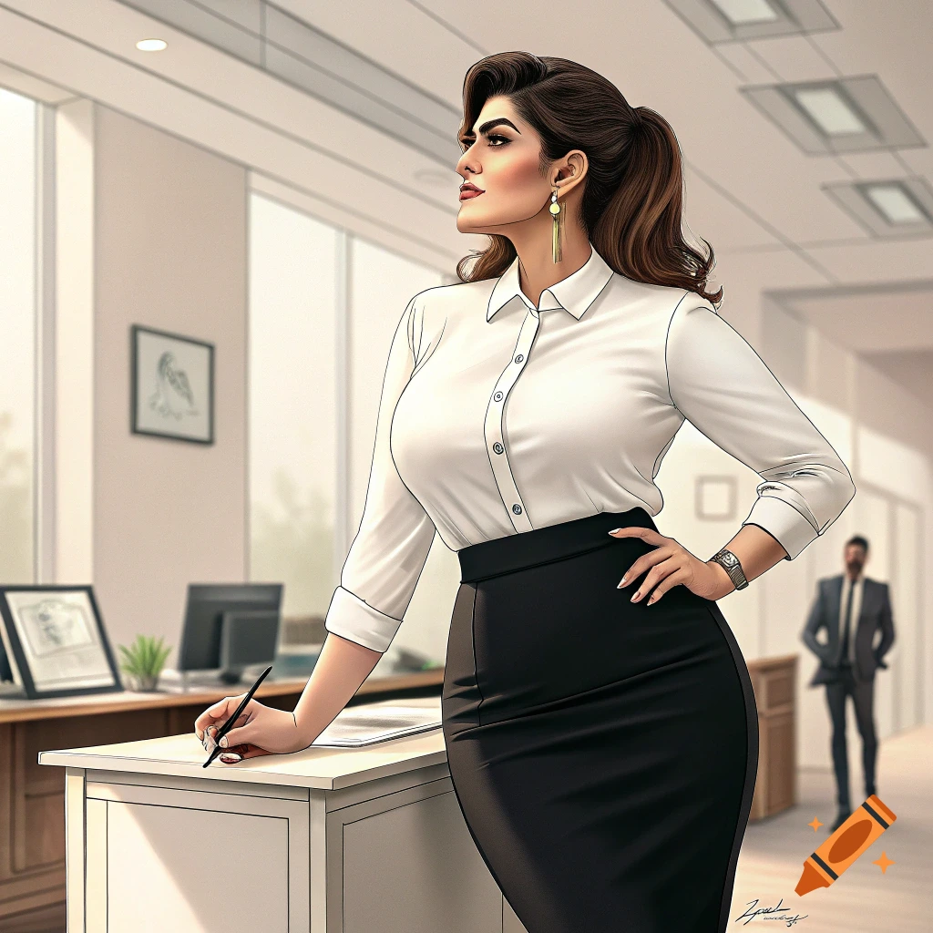 Digital art of a woman in a white shirt and black skirt standing in an office.