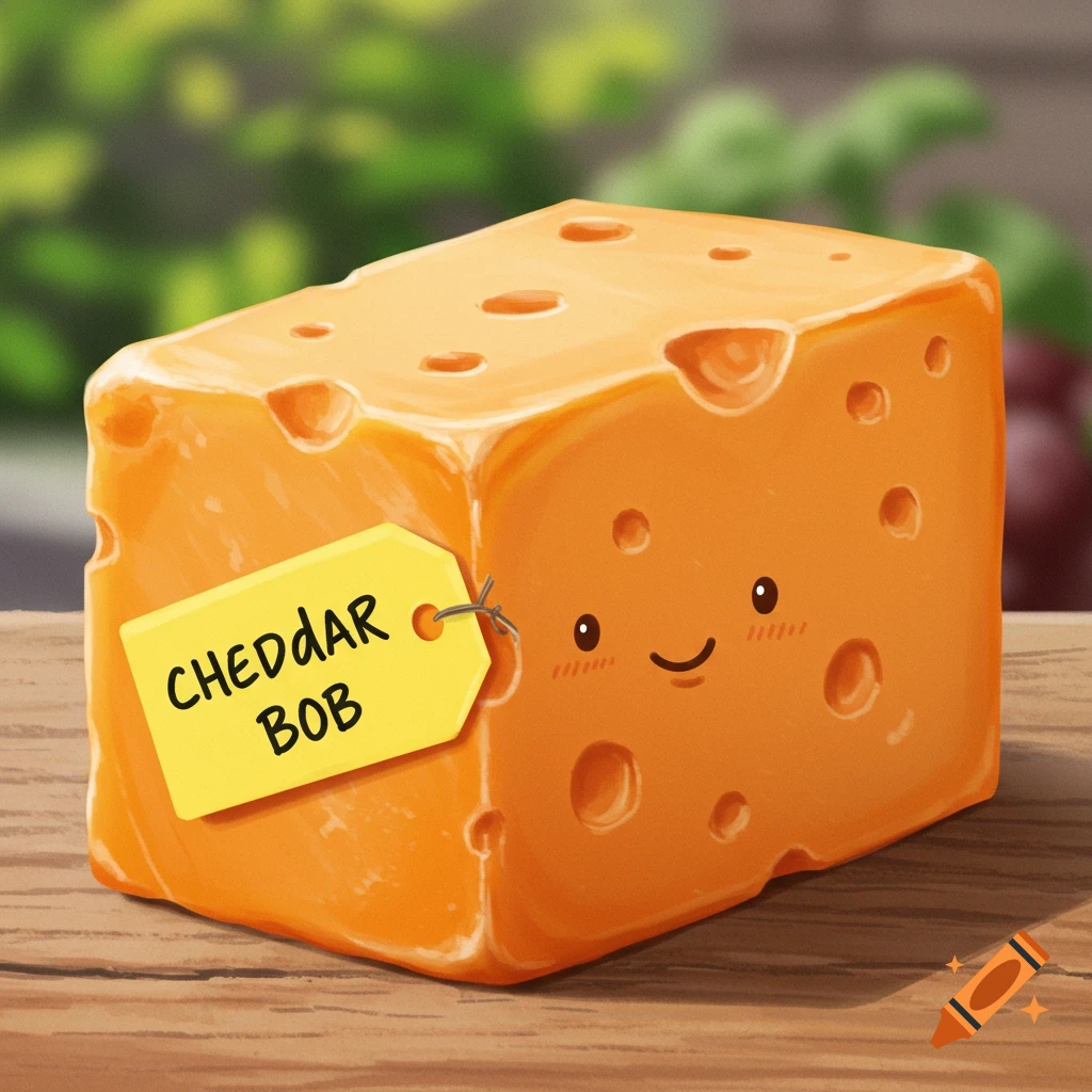 A cartoon block of cheese named Cheddar Bob with a name tag.