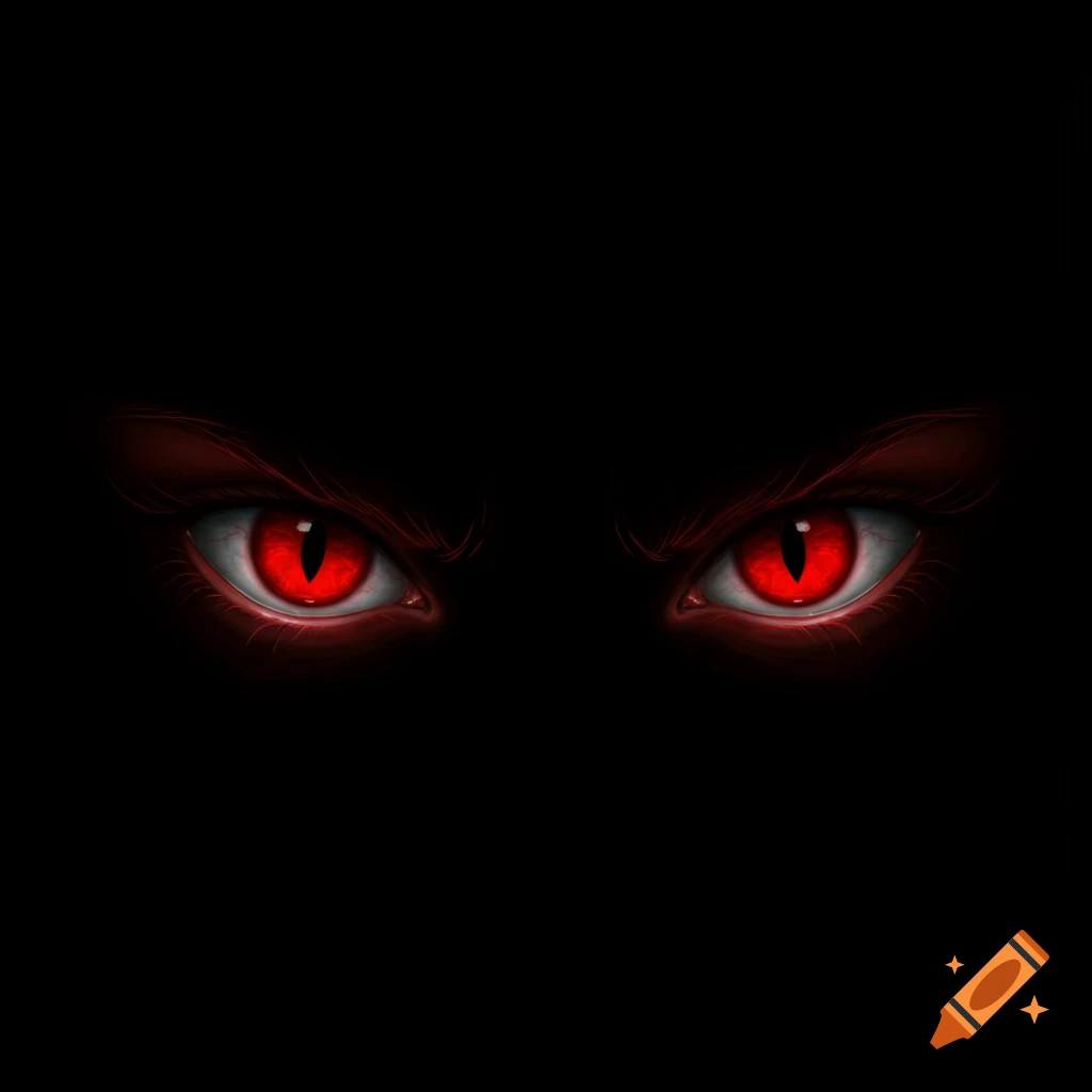 Glowing red eyes with vertical pupils in darkness.