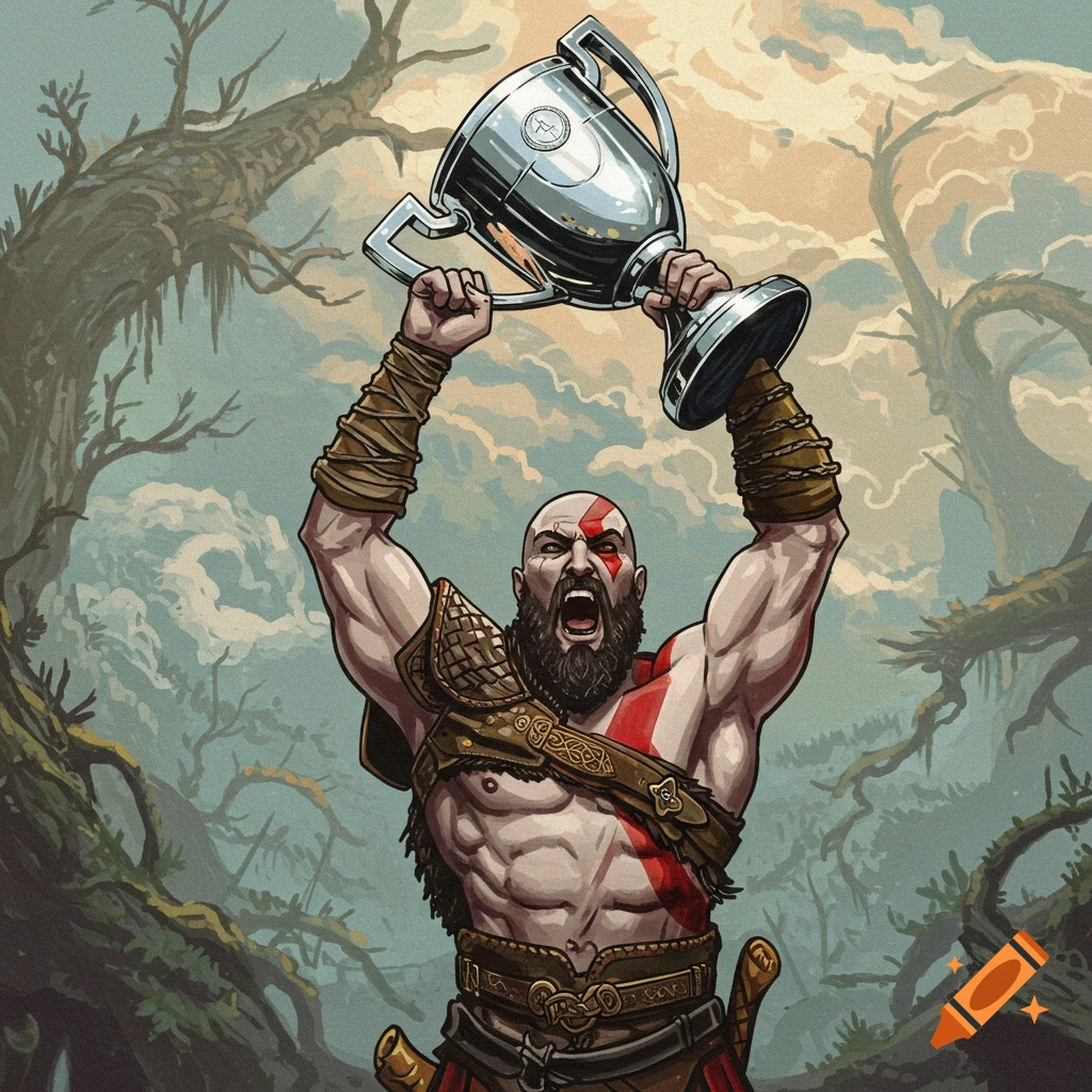 Kratos from God of War holding a large silver trophy in a stylized forest.