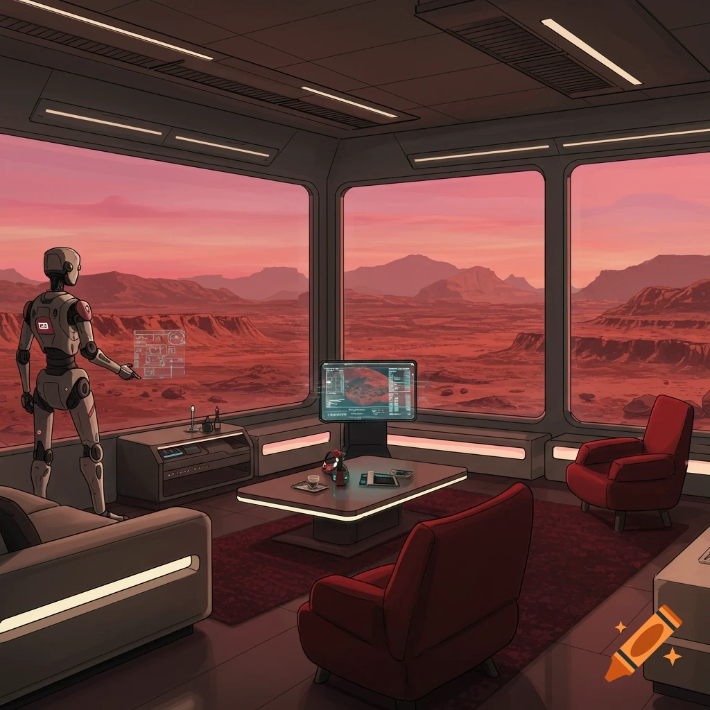 Robot in a futuristic room looking out window at Mars landscape.