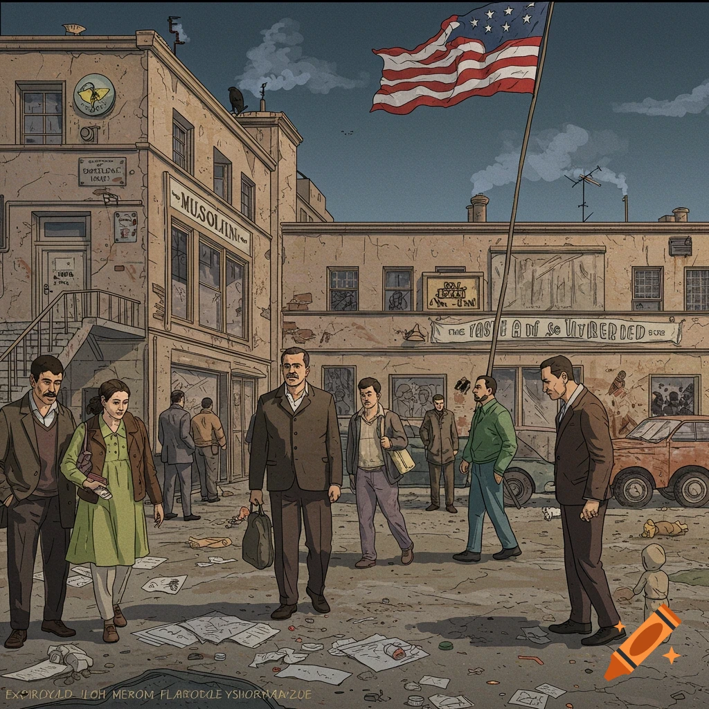 Illustration of people walking on a cluttered street in front of buildings with signs and an American flag.