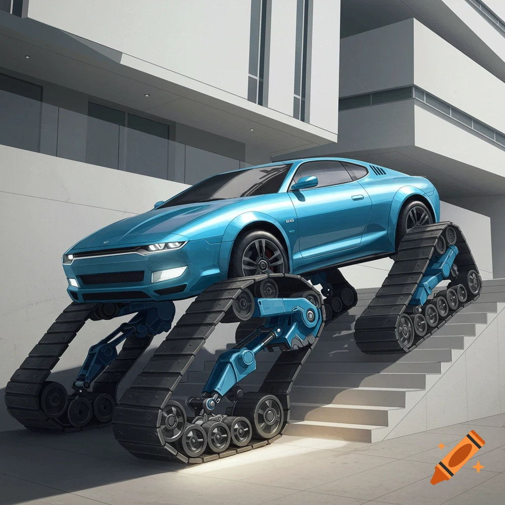 A blue sports car on large tank tracks climbs concrete stairs next to a modern building.