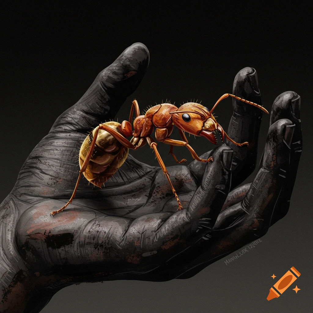 A large ant rests on a dark hand.