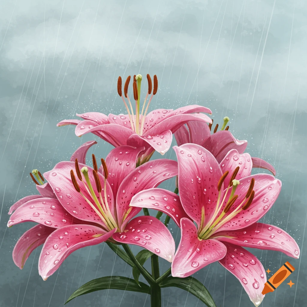 Pink lilies covered in raindrops, with rain falling against a grey sky.