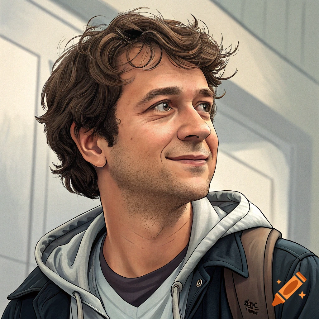 Stylized portrait of a young man with curly hair smiling and looking up.