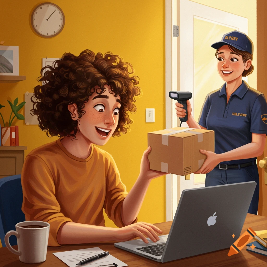 A person at a laptop receives a package from a courier who scans it.