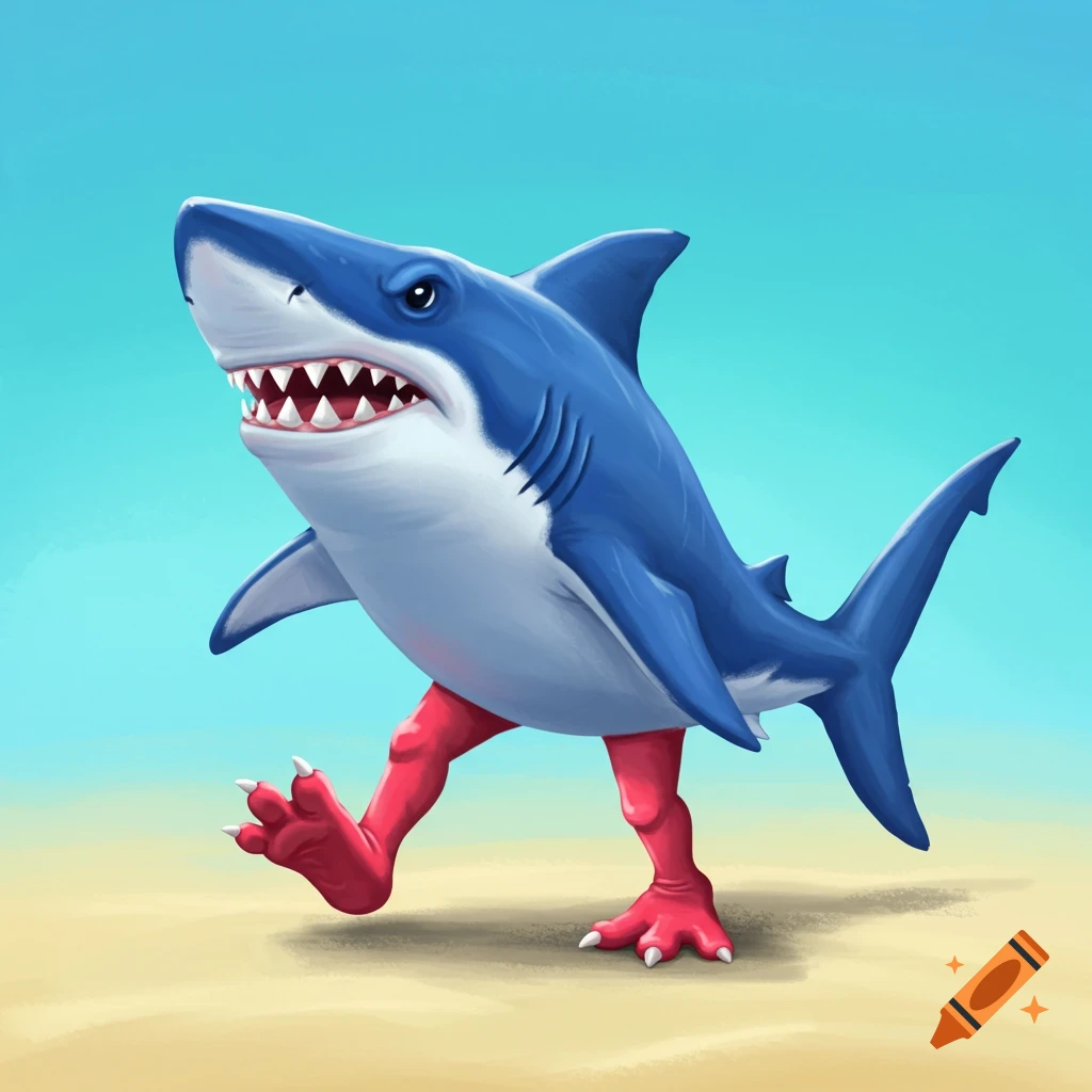 Painting of a shark walking on clawed feet on a beach.