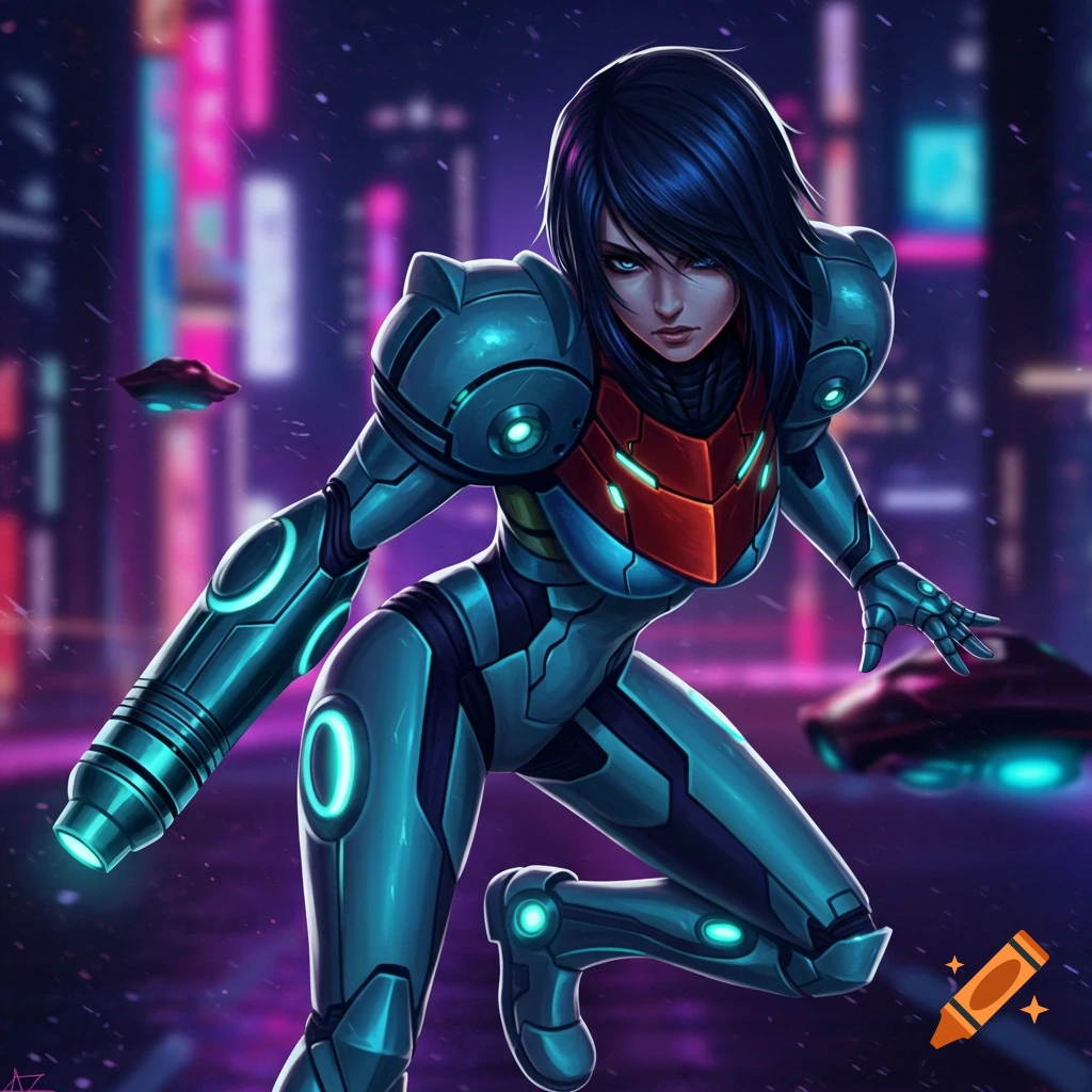 Female character in a futuristic suit in a dynamic pose in a neon city with spaceships.